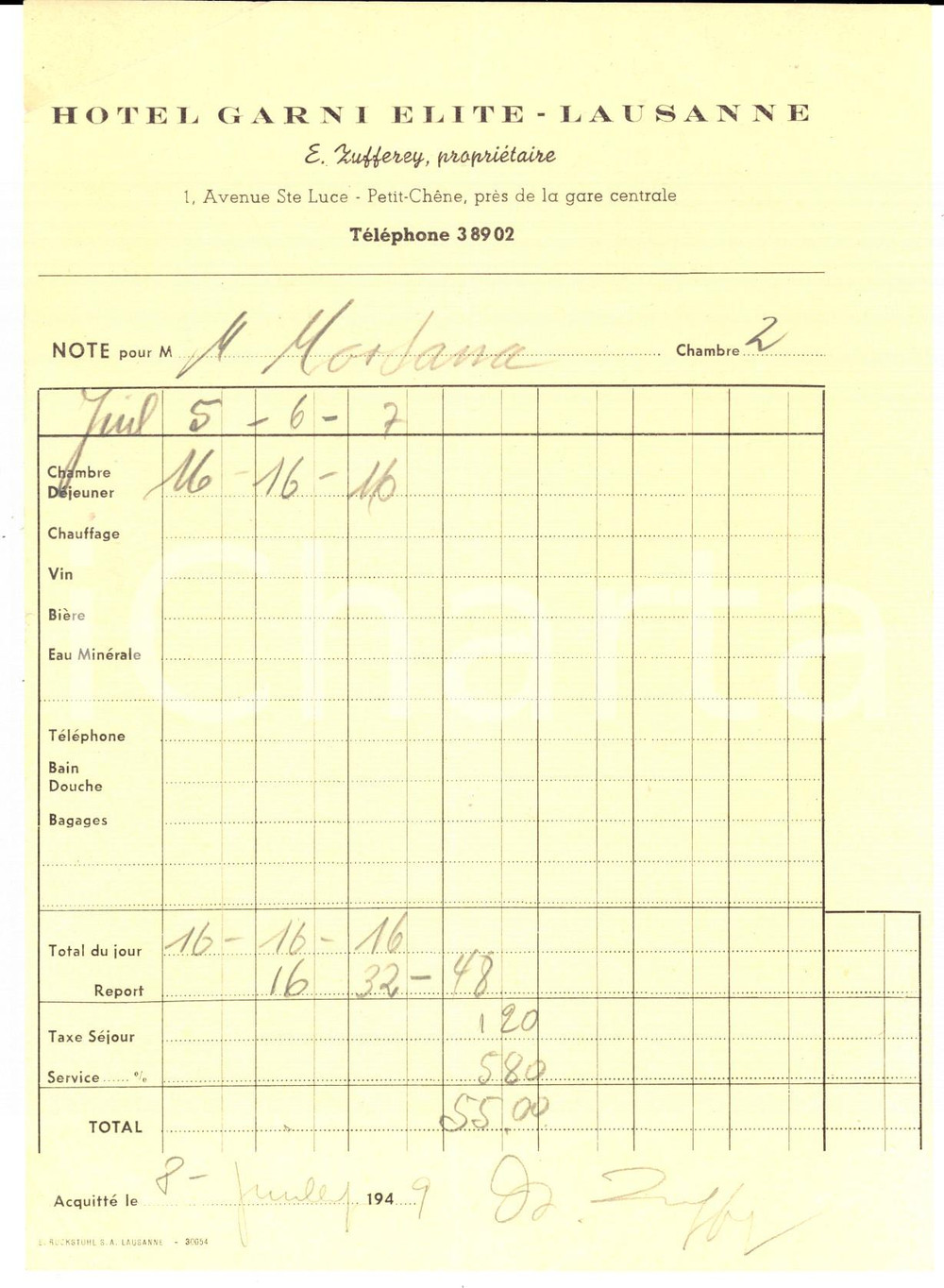 Documento originale, autentico 1949 LAUSANNE Hotel GARNI ELITE  proprietÃ  E. ZUFFEREY  Ricevuta camera 1