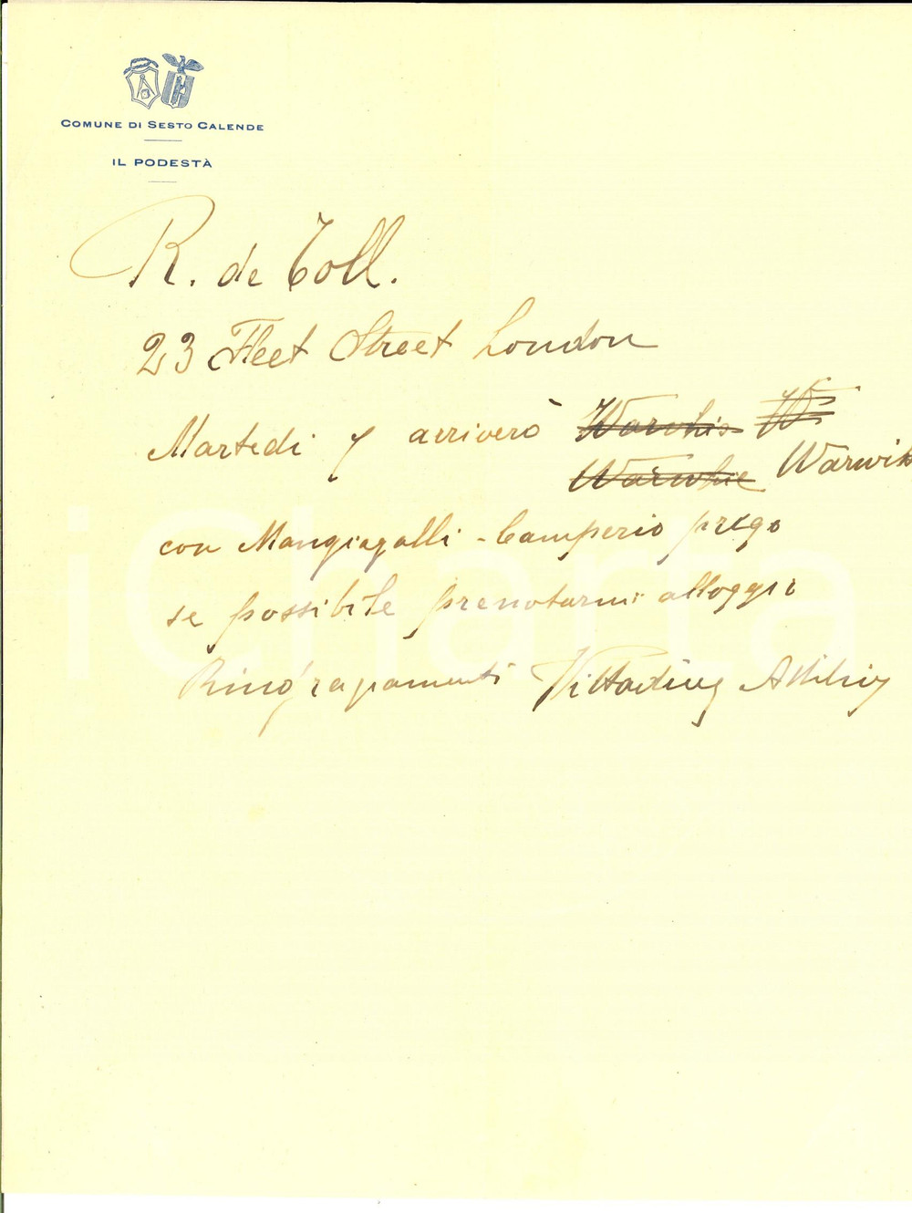 Autografo originale 1930 ca SESTO CALENDE Podestà Attilio VITTADINI  Lettera appuntamento AUTOGRAFO 1