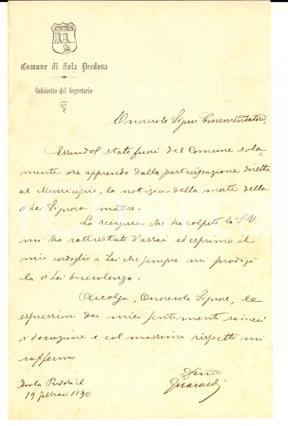 Manoscritto, lettera originale 1890 Comune di ZOLA PREDOSA Lettera segretario GUARALDI per condoglianze 1