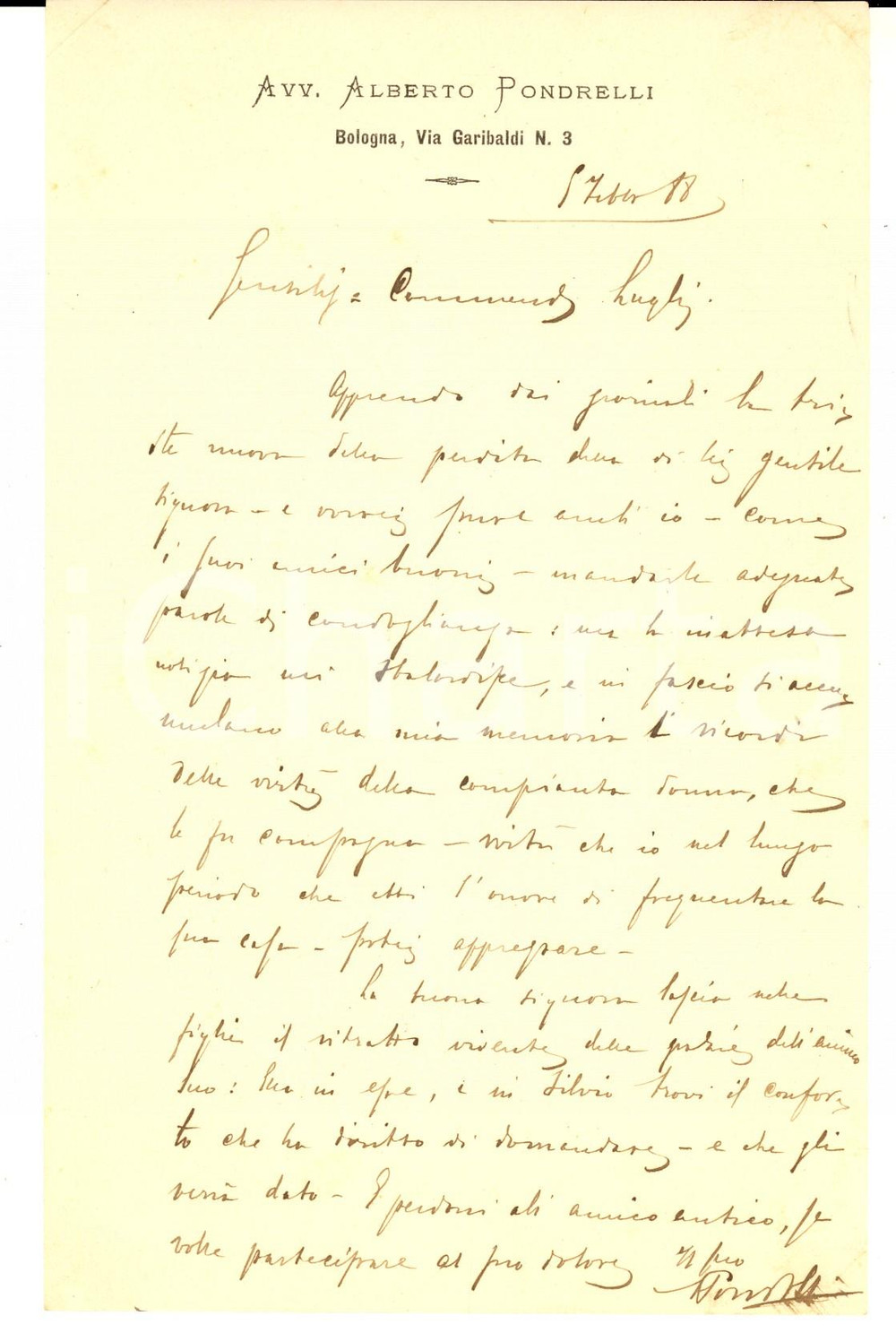 Autografo originale 1888 BOLOGNA Avv. Alberto PONDRELLI  Lettera di condoglianze  Autografo 1