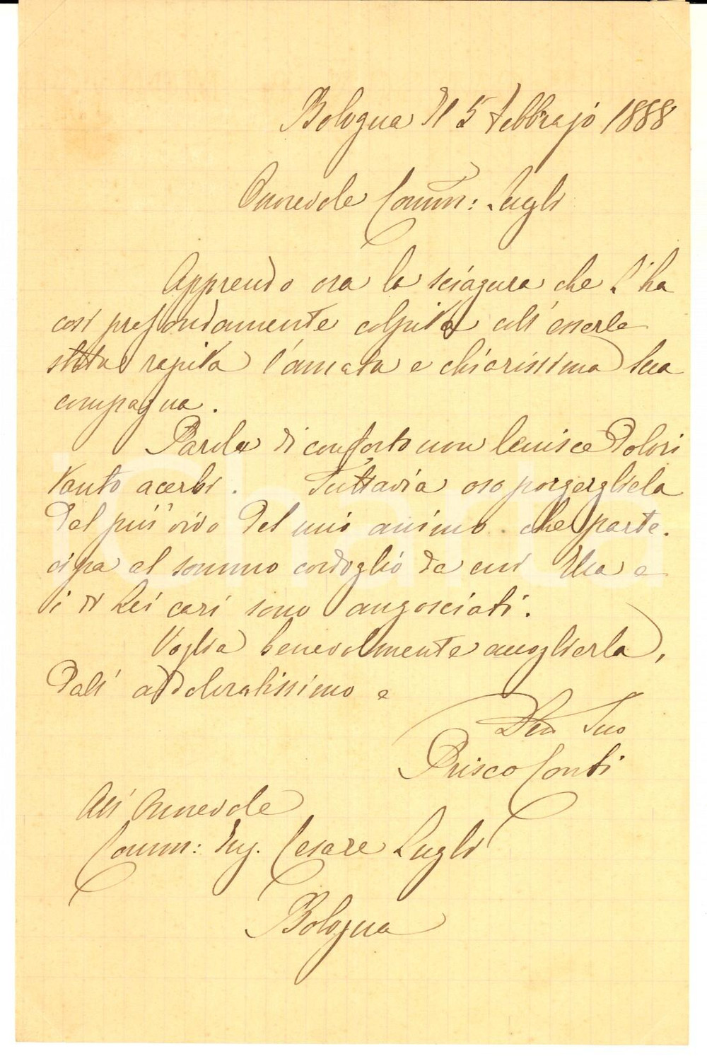 Autografo originale 1888 BOLOGNA Avv. Prisco CONTI  Lettera personale a un collega Autografo 1