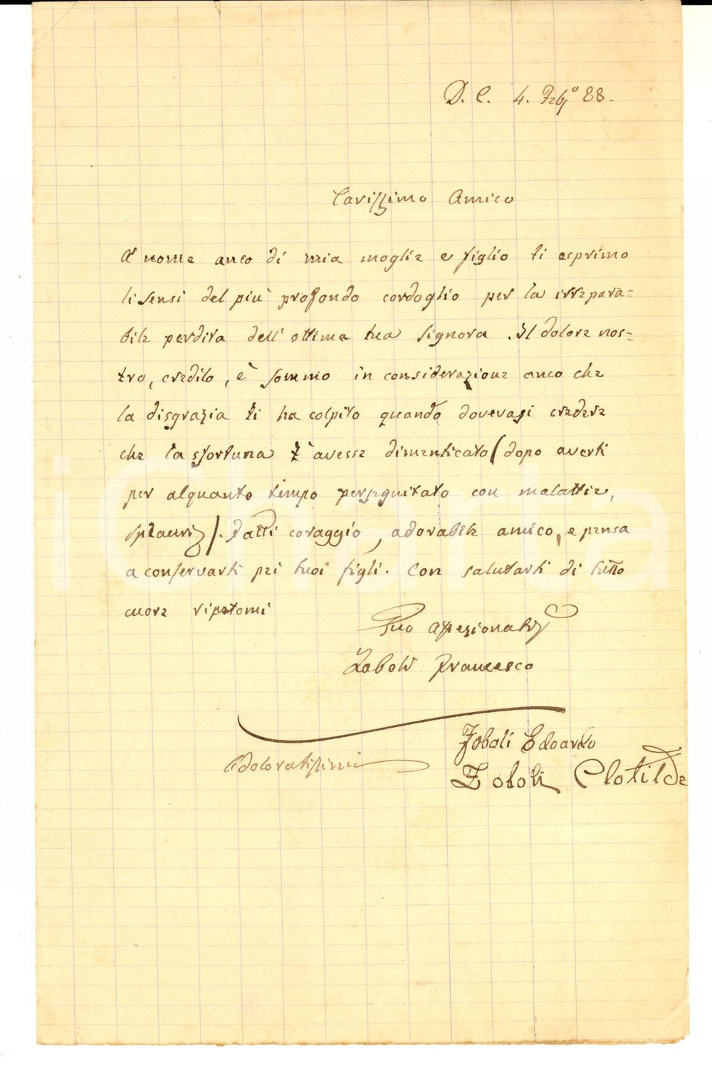 Autografo originale 1888 MODENA Lettera di condoglianze Francesco ed Edoardo ZOBOLI Autografo 1