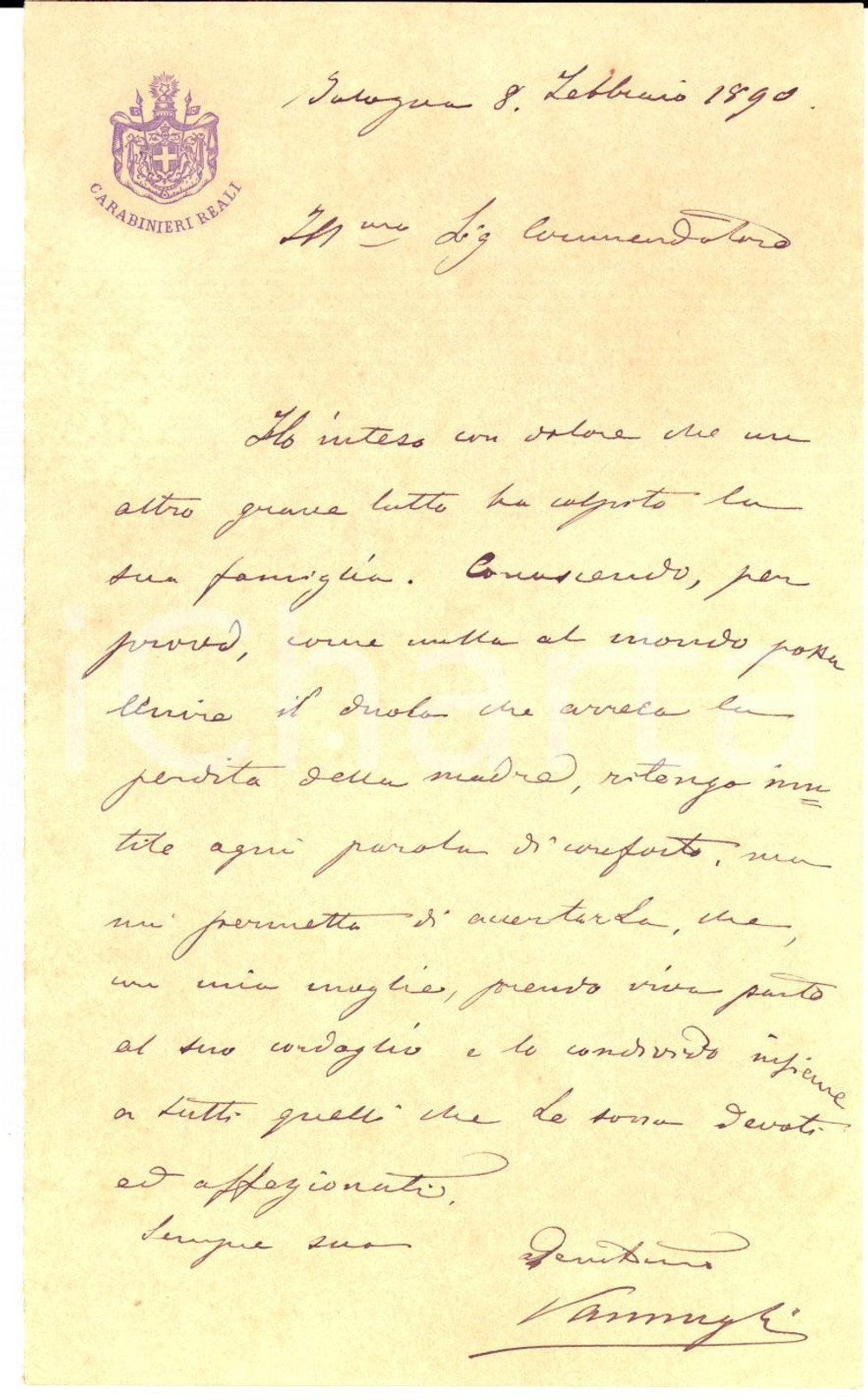 Autografo originale 1890 BOLOGNA CARABINIERI REALI Lettera colonnello Antonio VANNUGLI Autografo 1