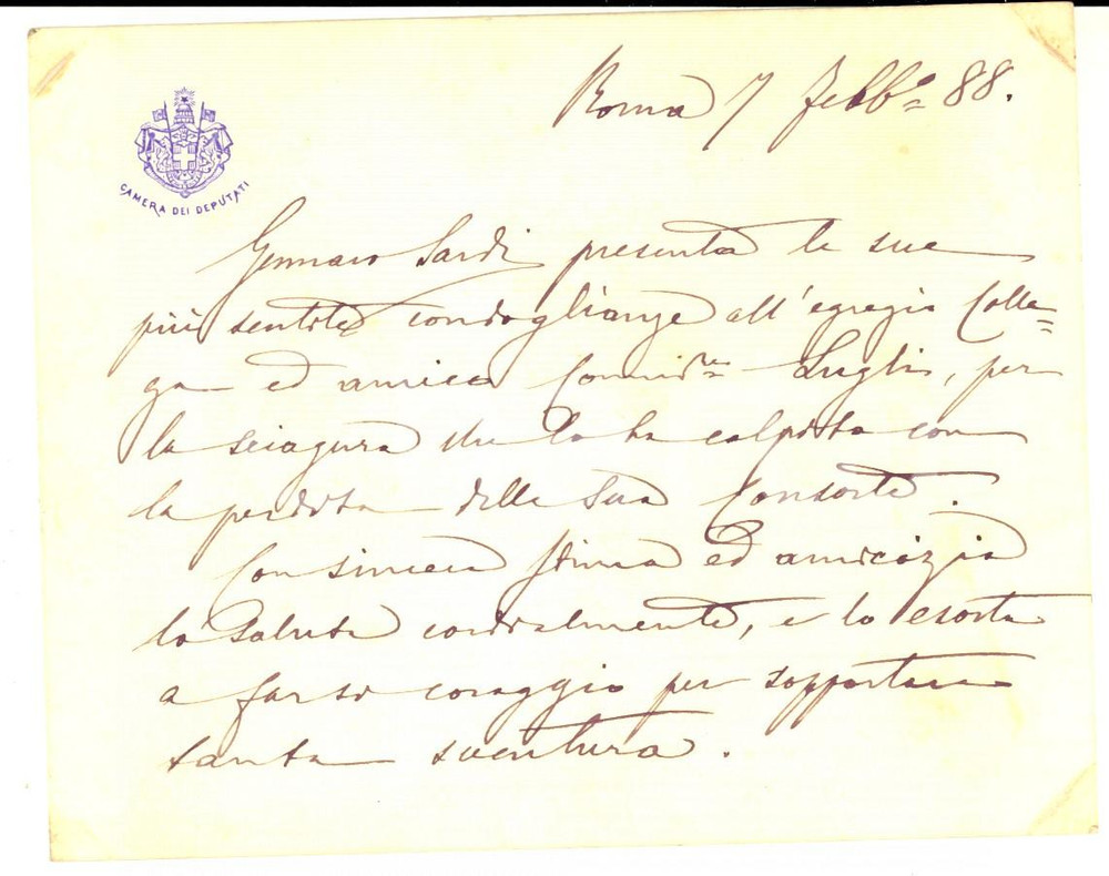 Autografo originale 1888 ROMA Biglietto deputato Gennaro SARDI per condoglianze  AUTOGRAFO 1