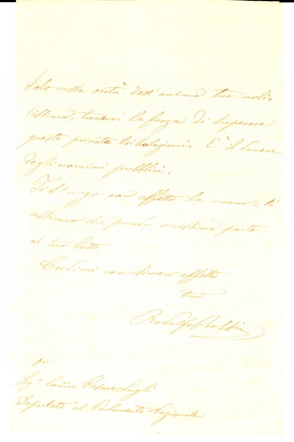 1890 BOLOGNA Lettera personale deputato Rodolfo ROSSI a un collega - Autografo