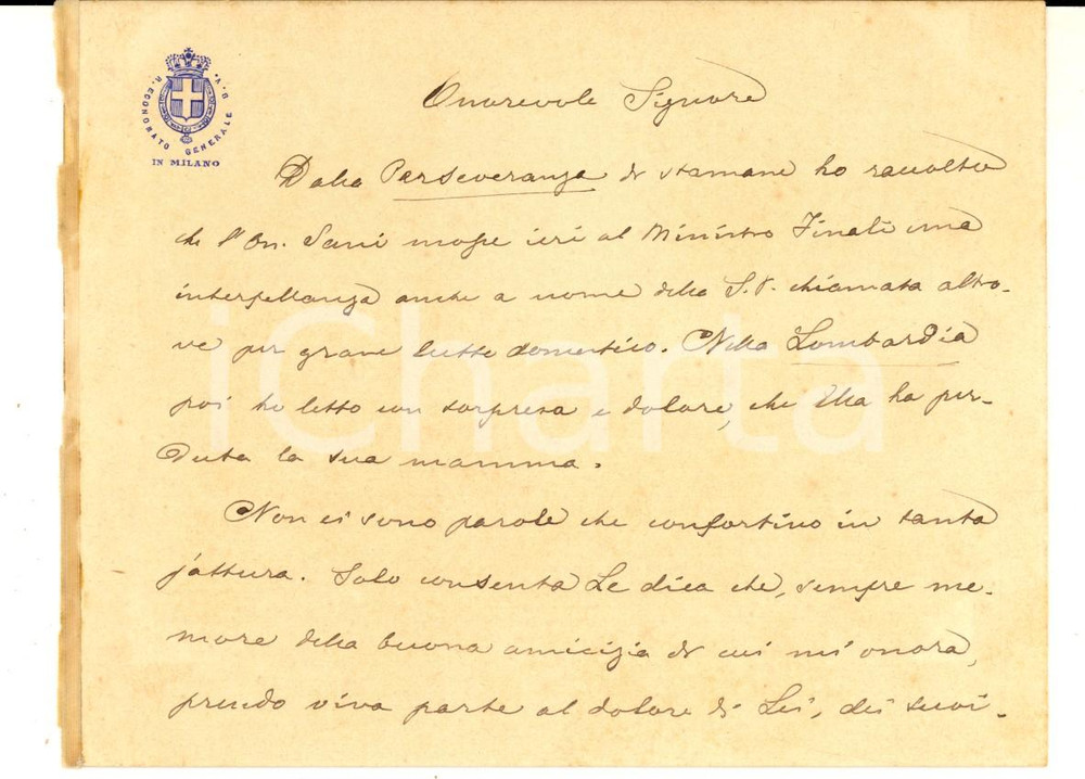 Autografo originale 1890 MILANO Biglietto Regio Economato Generale BENEFICI VACANTI per lutto 1