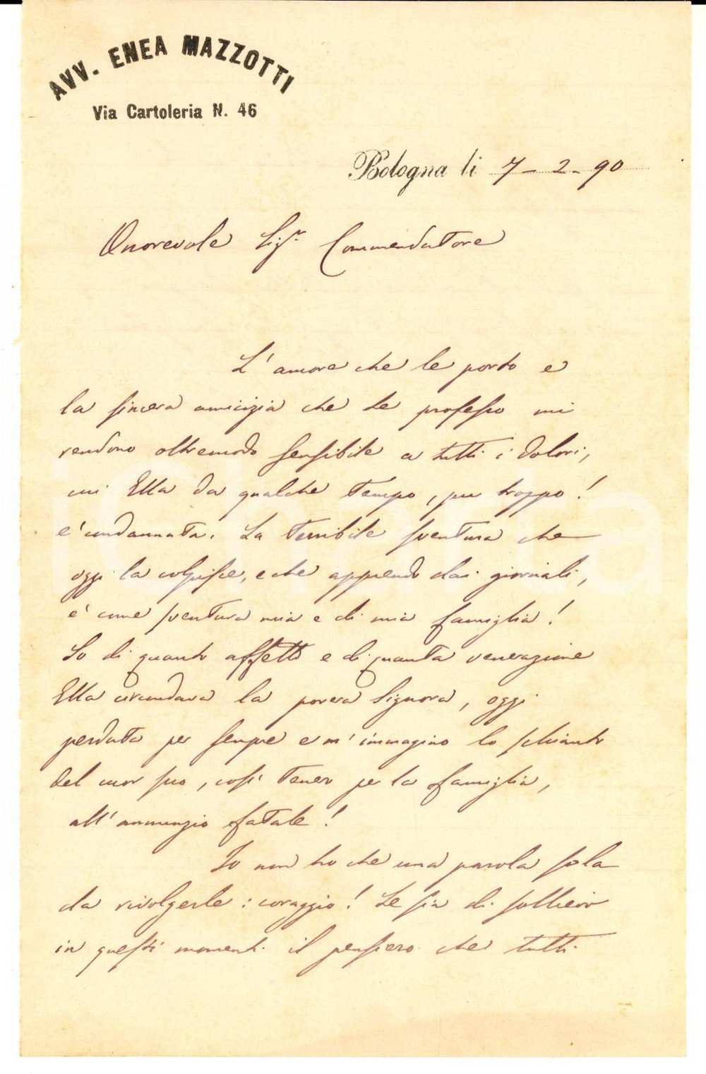 Autografo originale 1890 BOLOGNA Avv. Enea MAZZOTTI  Lettera di condoglianze  Autografo 1