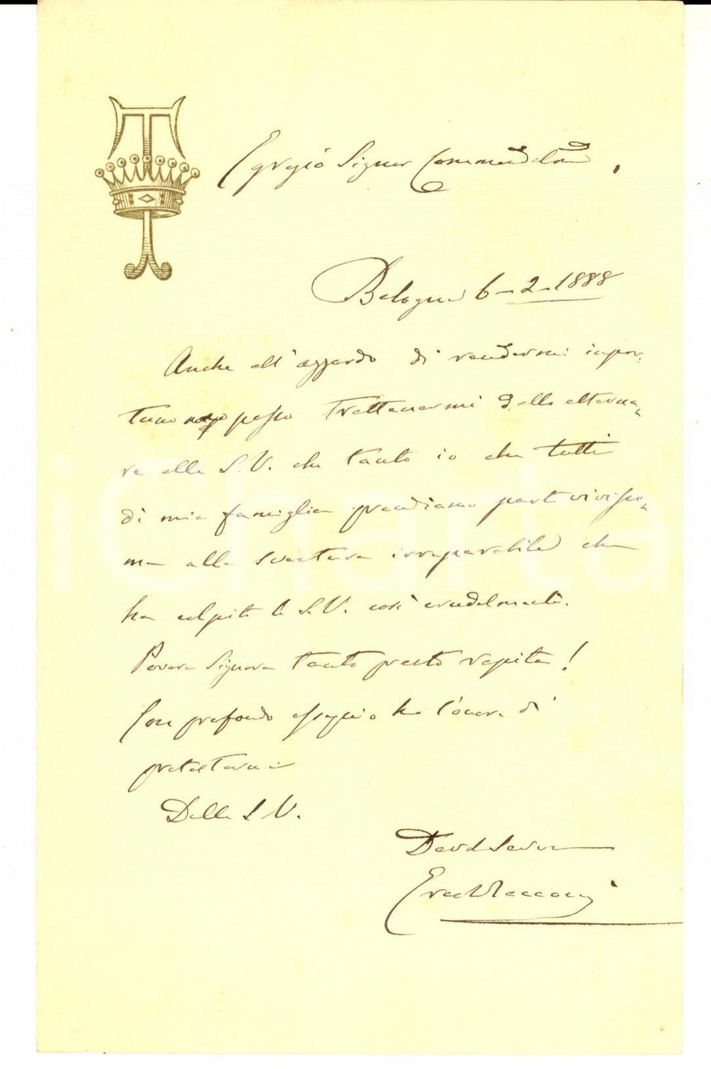 Autografo originale 1888 BOLOGNA Lettera Ercole CECCONI per condoglianze  Autografo carta intestata 1