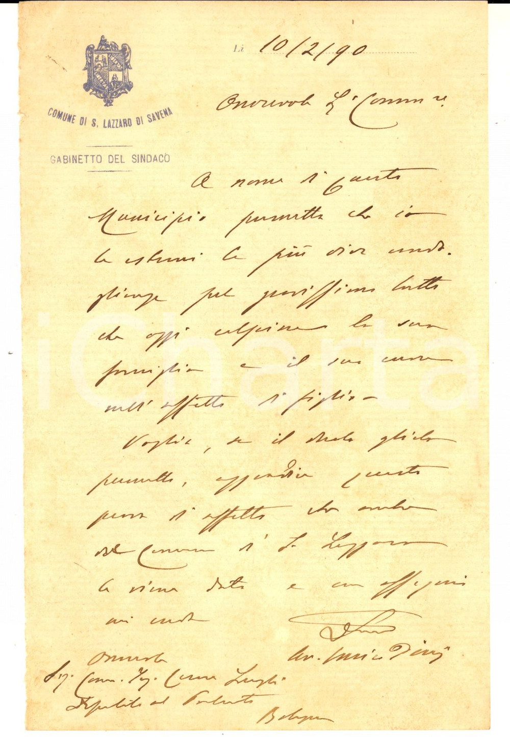 Autografo originale 1890 SAN LAZZARO DI SAVENA Lettera avv. Enrico PINI per condoglianze  Autografo 1