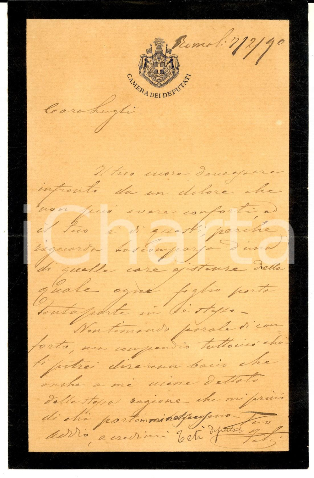 Autografo originale 1890 ROMA Lettera deputato Filippo TETI per condoglianze  Autografo 1