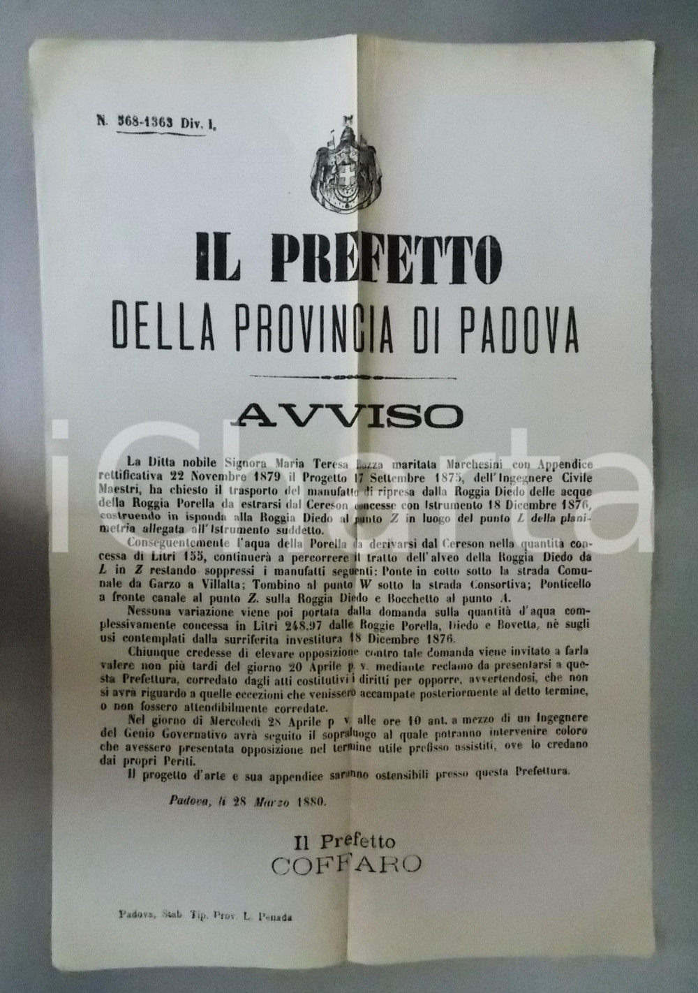 Documento originale, autentico 1880 PADOVA Uso acque ROGGIA CAPPELLO  Maria Teresa BOZZA MARCHESINI 30x45 cm 1