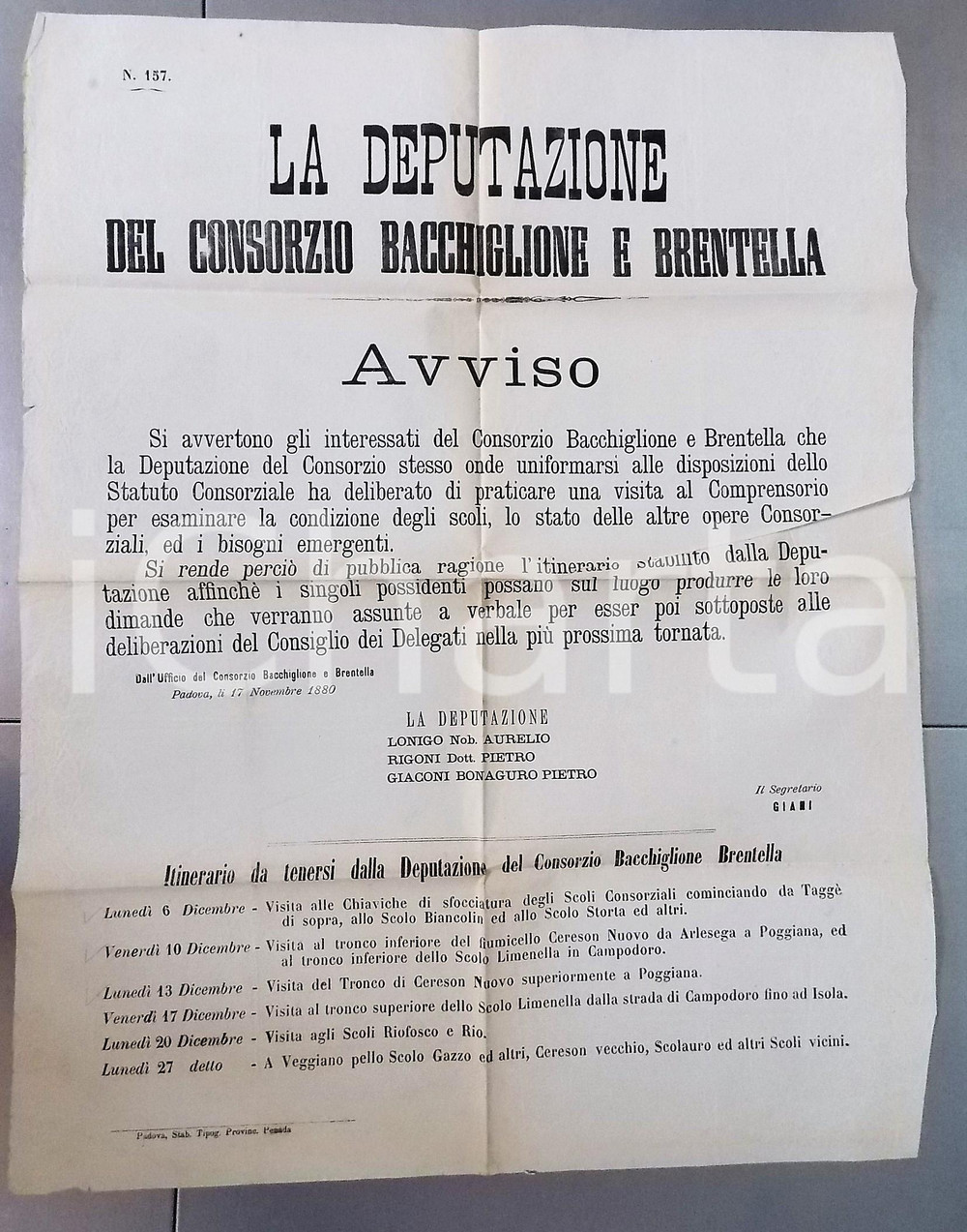 Documento originale, autentico 1880 PADOVA Consorzio BACCHIGLIONE E BRENTELLA  Ispezione scoli Manifesto 1