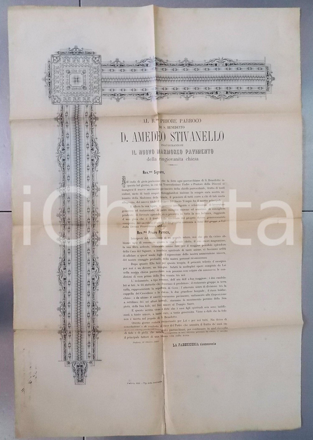 Documento originale, autentico 1896 PADOVA Chiesa S. BENEDETTO  A don Amedeo STIVANELLO per il nuovo pavimento 1