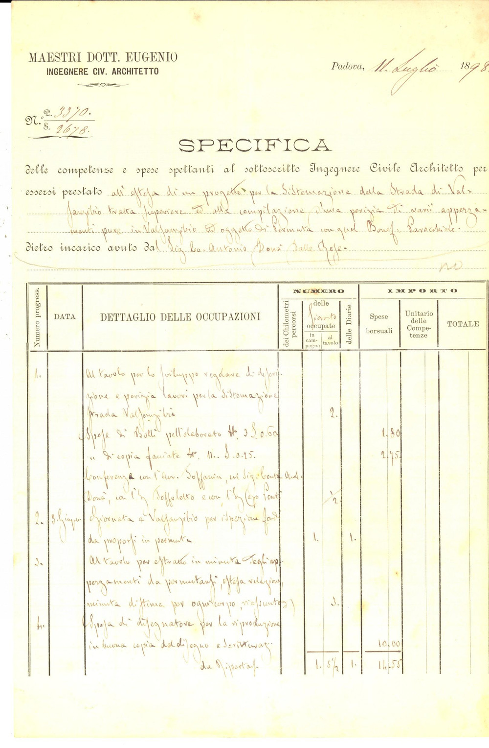 Documento originale, autentico 1898 PADOVA Nota onorari ingegnere Eugenio MAESTRI per lavori stradali 1