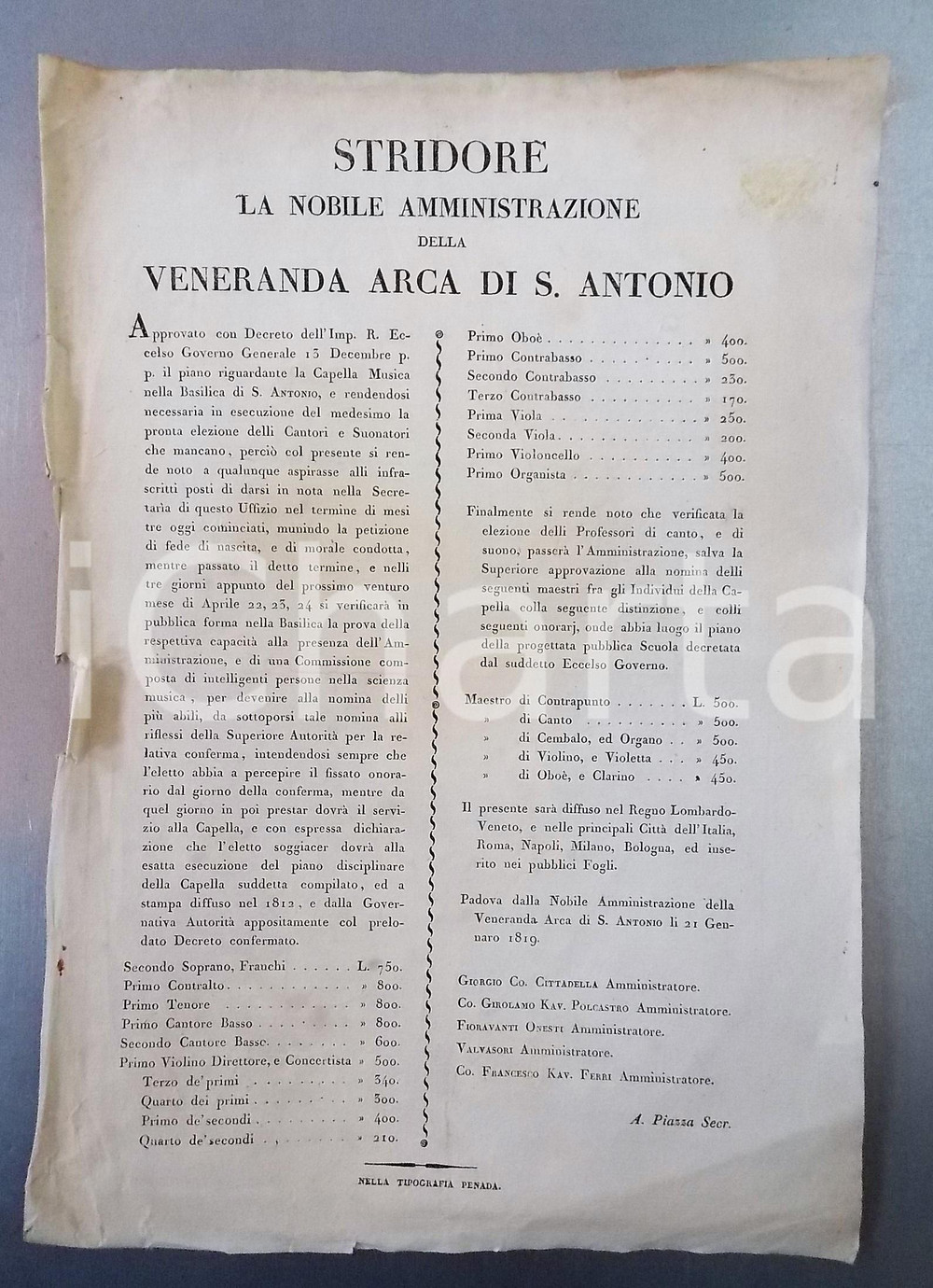Documento originale, autentico 1819 PADOVA Veneranda Arca di S. ANTONIO  Bando elezione cantori e suonatori 1