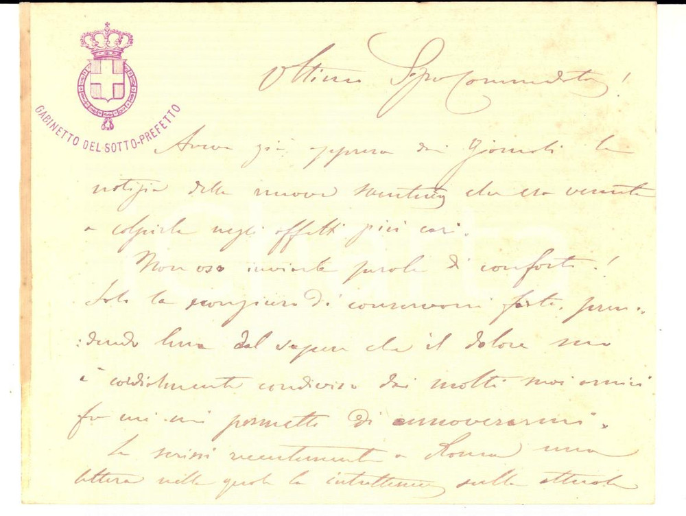 Autografo originale 1890 BORGOTARO Gabinetto del Sottoprefetto  Biglietto per condoglianze 1