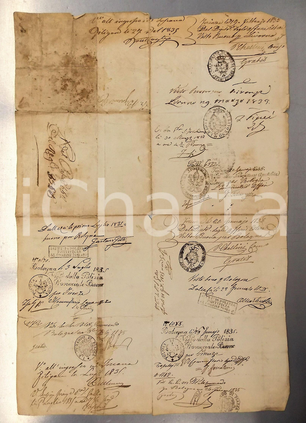 Documento originale, autentico 1833 NUNZIATURA FIRENZE Lasciapassare Raffaele BIGNAMI macchinista teatrale 1