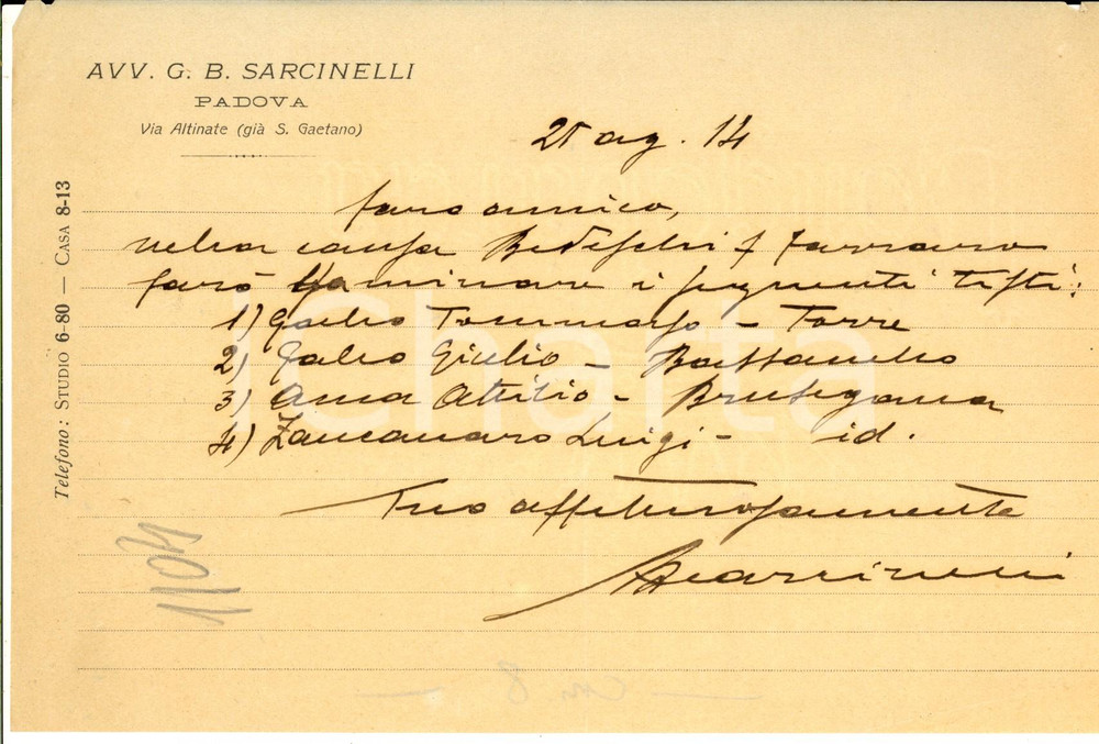 Fotografia d epoca originale 1914 PADOVA Avvocato Giovanni Battista SARCINELLI  Memorandum per un collega 1