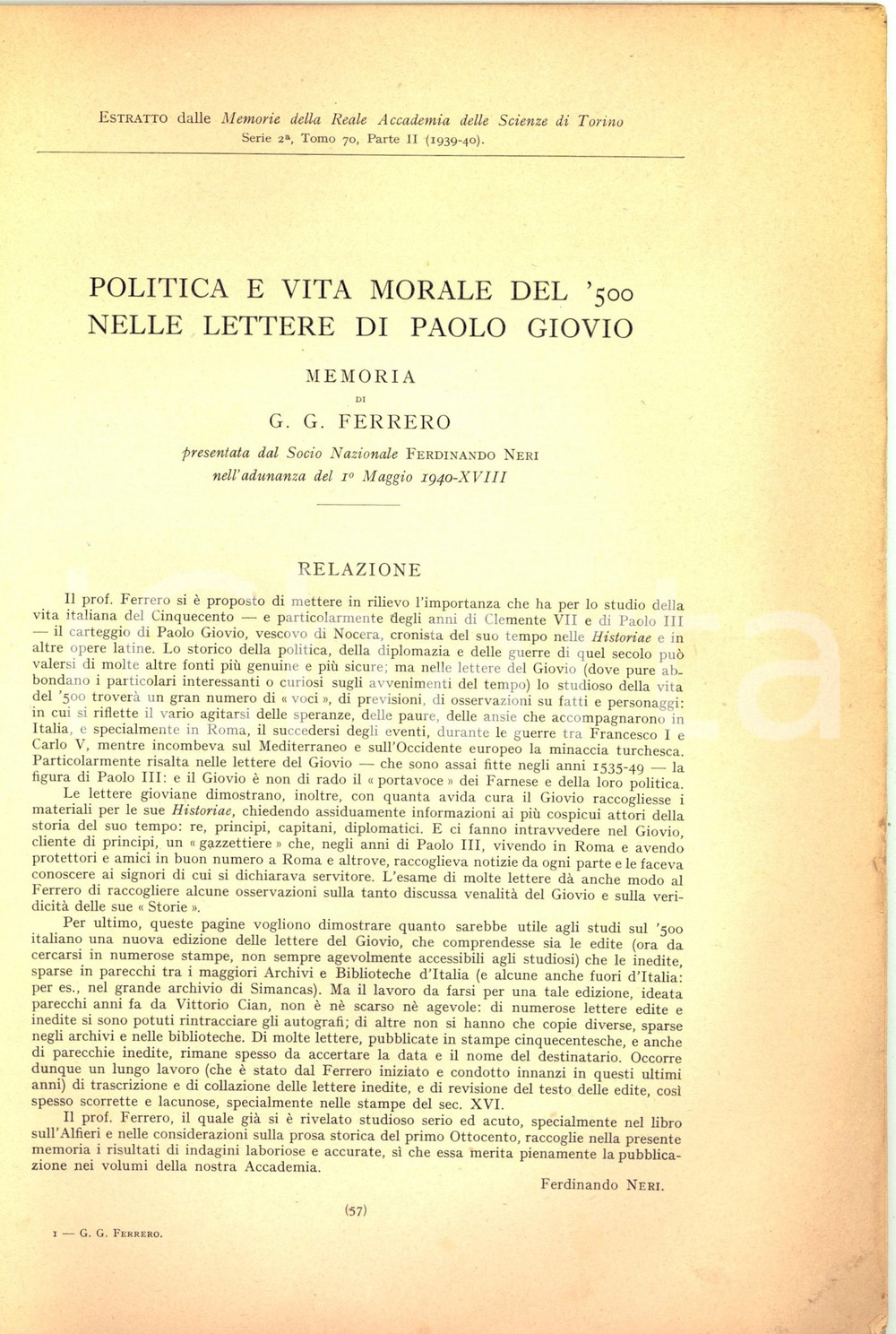 Libro, pubblicazione d epoca 1940 G. G. FERRERO Politica e vita morale del  500 nelle lettere di Paolo Giovio 1