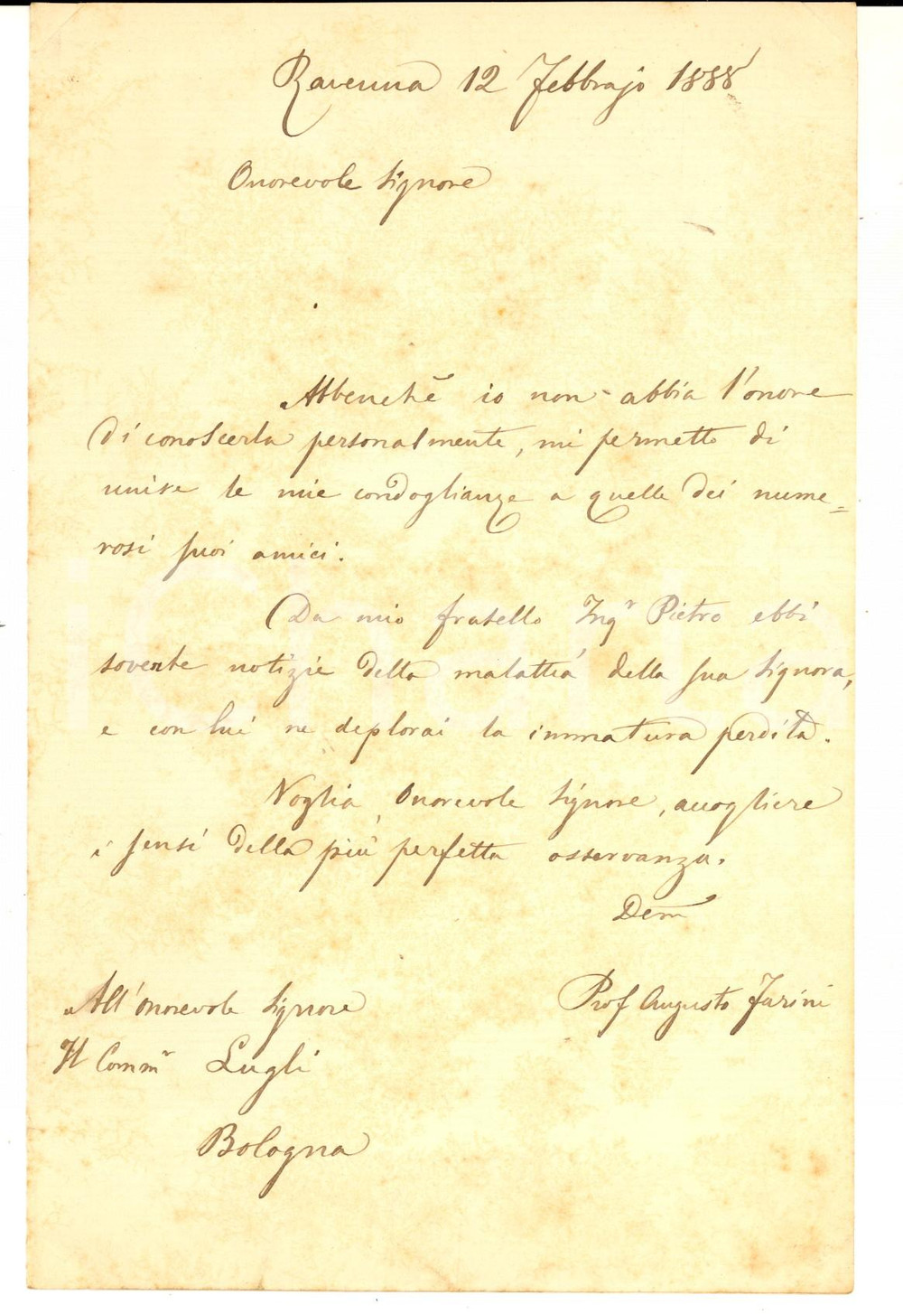 Autografo originale 1888 RAVENNA Lettera prof. Augusto FARINI per lutto di un politico  Autografo 1