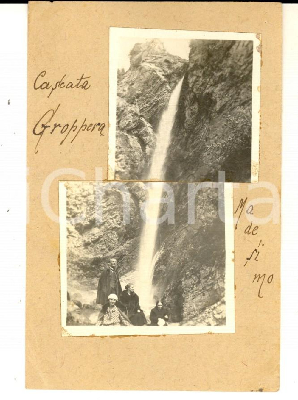 Fotografia d epoca originale 1920 ca MADESIMO Cascata del GROPPERA  Escursionisti   Foto VINTAGE 8x11 cm 1