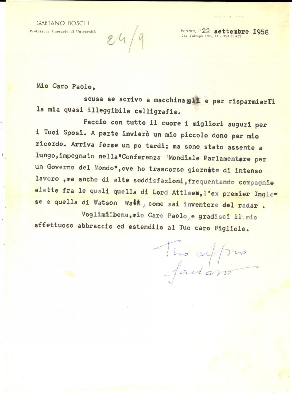 Autografo originale 1958 FERRARA Lettera prof. Gaetano BOSCHI per auguri a un amico  Autografo 1