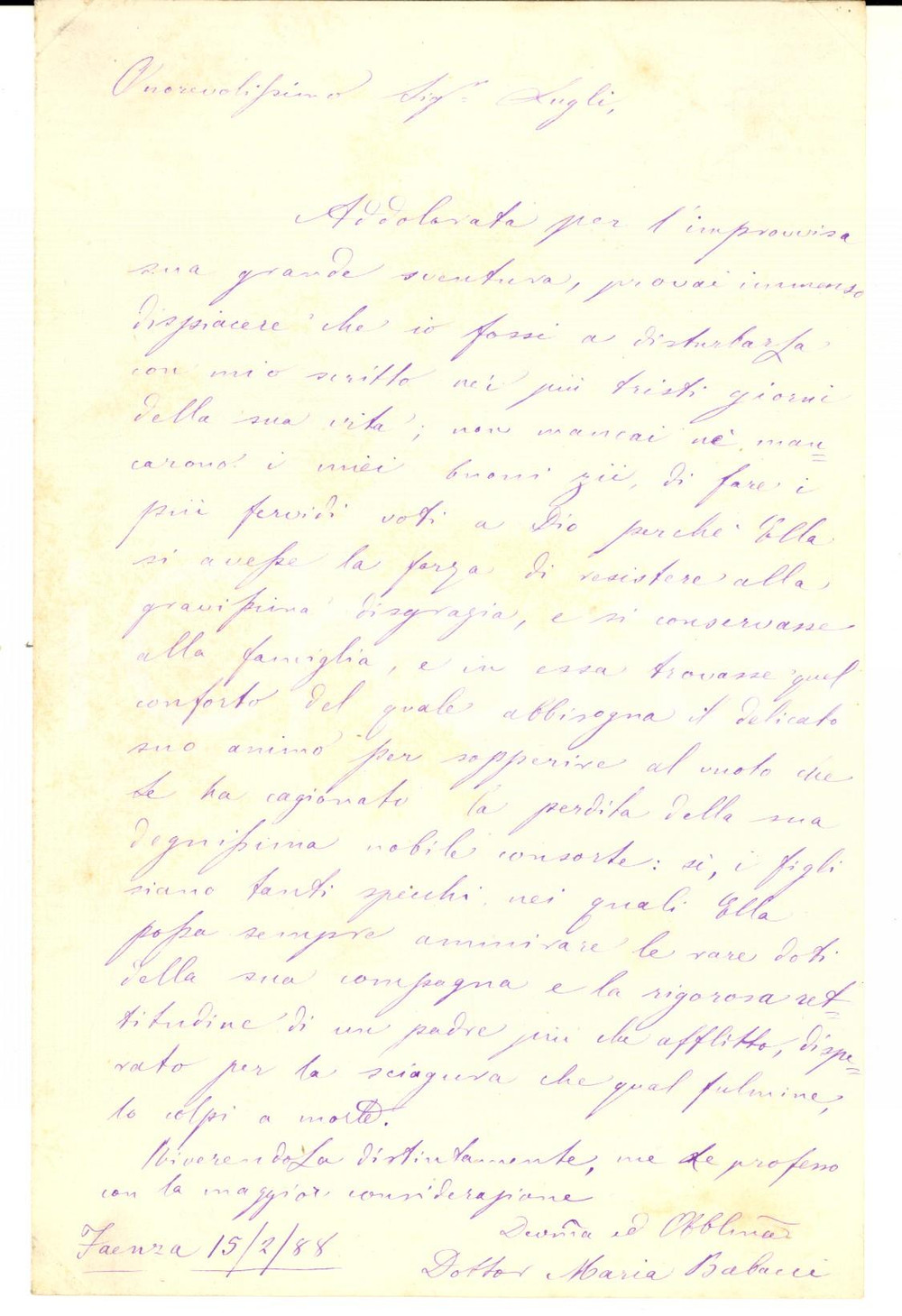 Autografo originale 1888 FAENZA Lettera dott. Maria BABACCI per condoglianze  Autografo 1