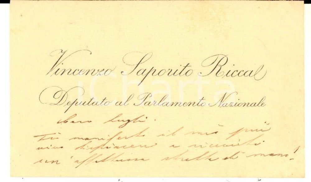 Autografo originale 1890 ca ROMA Biglietto da visita on. Vincenzo SAPORITO RICCA  Autografo 1