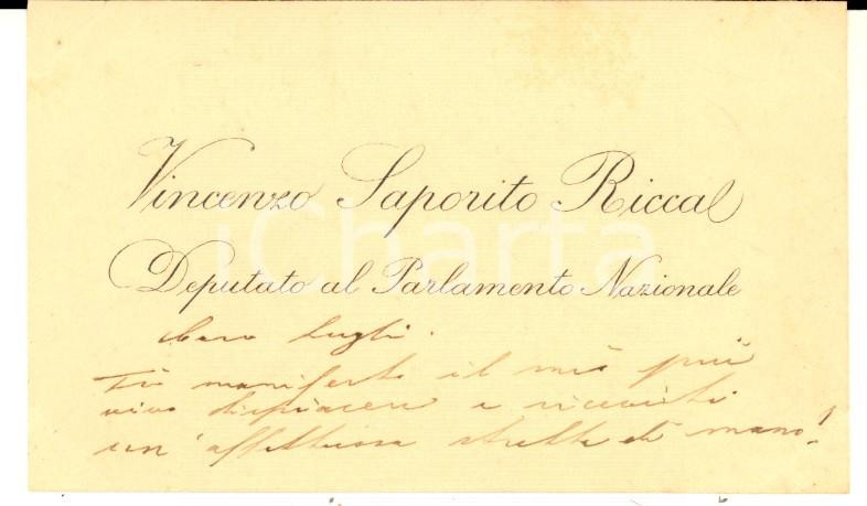 Autografo originale 1890 ca ROMA Biglietto da visita on. Vincenzo SAPORITO RICCA  Autografo 1