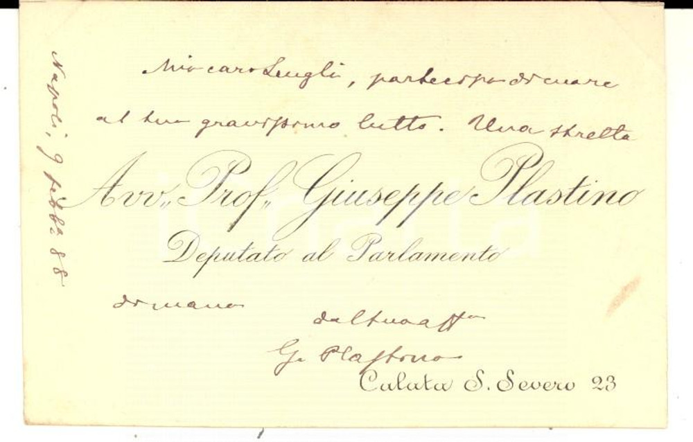 Autografo originale 1888 NAPOLI Biglietto da visita deputato Giuseppe PLASTINO  Autografo 1