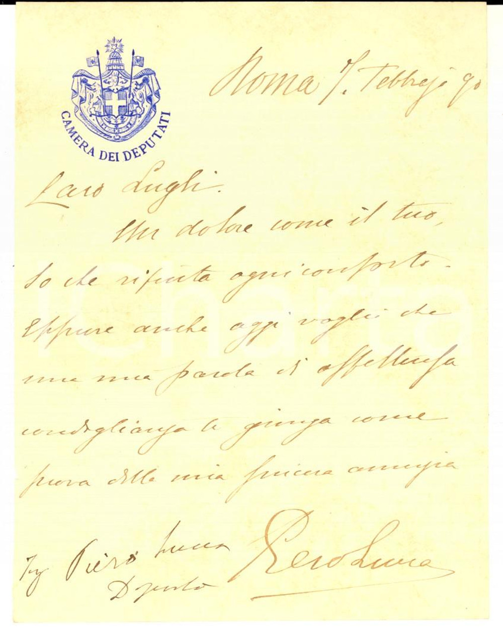 Autografo originale 1890 ROMA Lettera deputato Piero LUCCA per condoglianze  Autografo 1