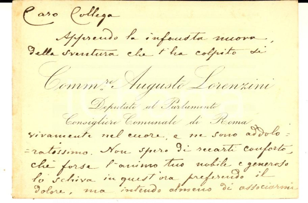 Autografo originale 1890 ca ROMA Deputato Augusto LORENZINI  Biglietto da visita autografo 1
