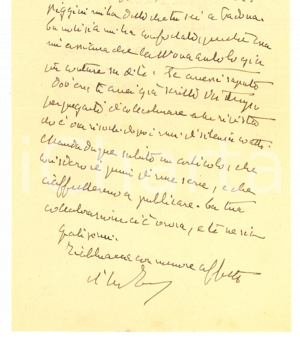 Autografo originale 1945 MILANO NUOVA ANTOLOGIA Lettera Giuseppe VILLAROEL per articolo  Autografo 1