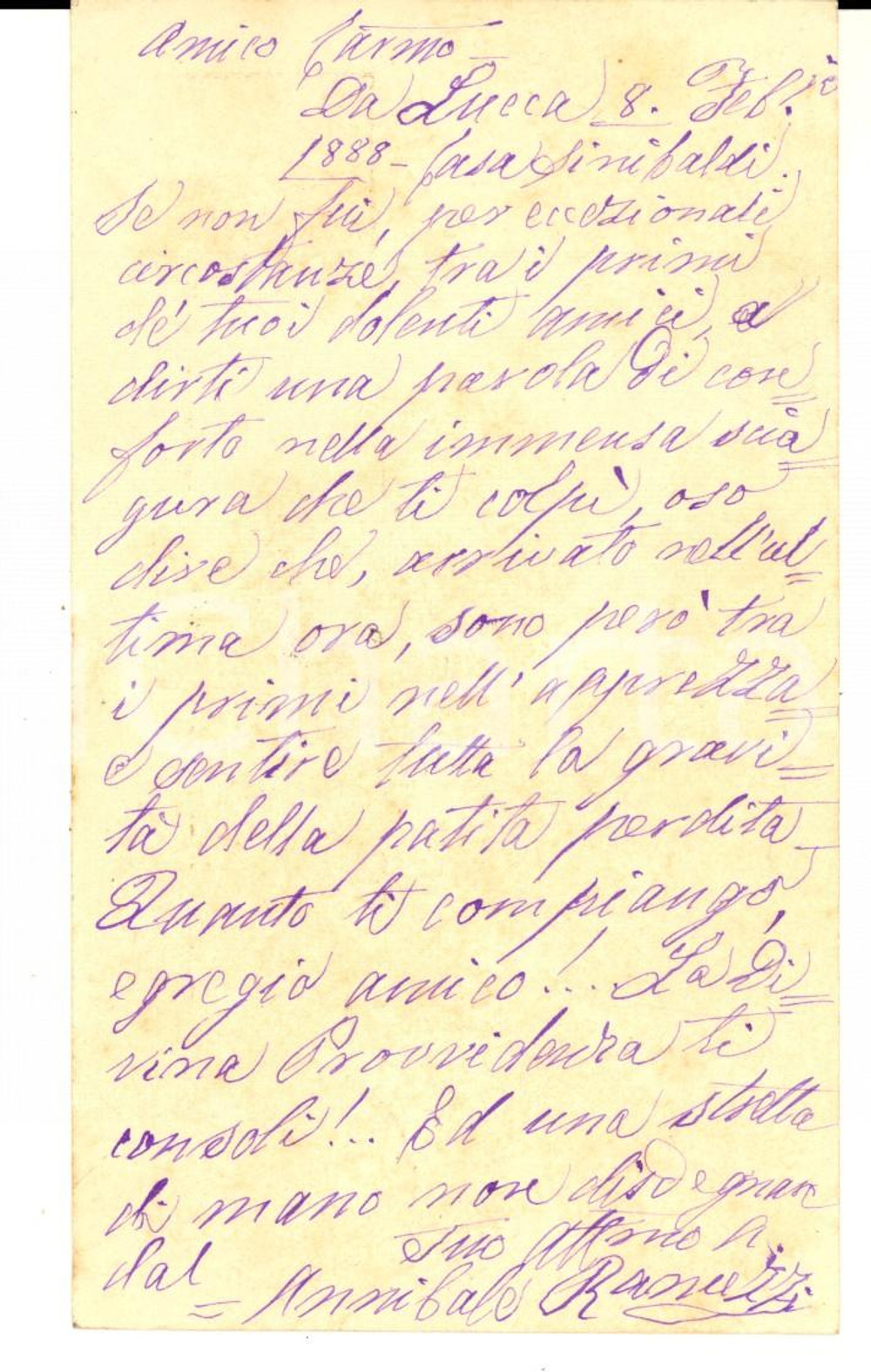 Autografo originale 1888 LUCCA Cartolina postale Annibale RANUZZI per condoglianze  Autografo 1