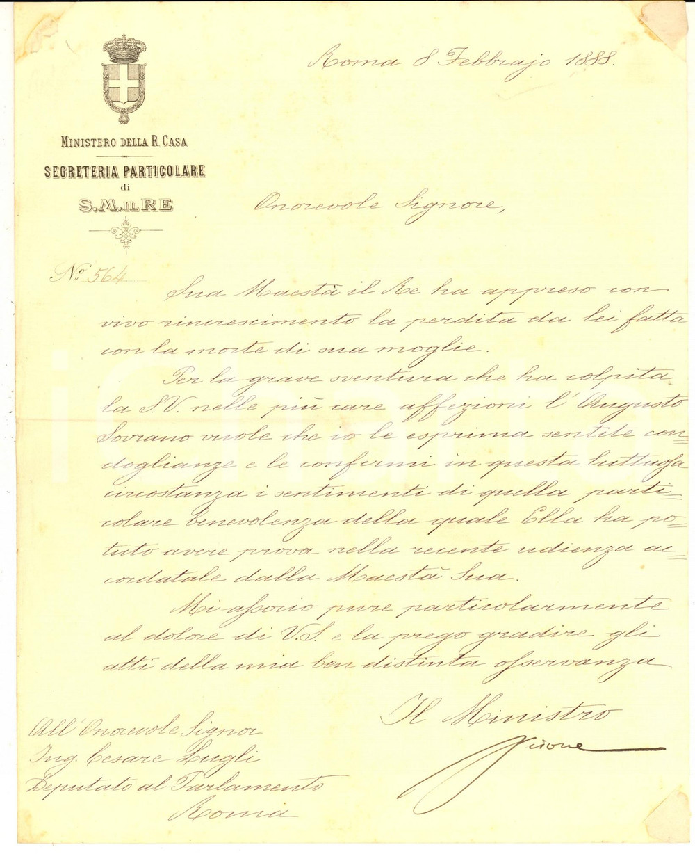 Autografo originale 1888 ROMA Lettera Giovanni VISONE Ministro Real Casa per lutto  Autografo 1