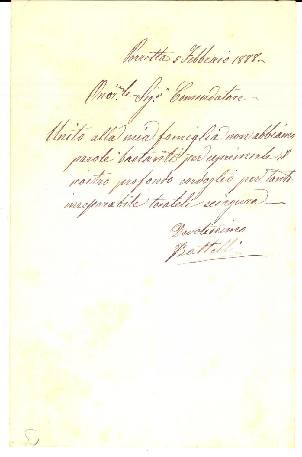 Manoscritto, lettera originale 1888 PORRETTA TERME Lettera condoglianze ing. Umberto BATTELLI  Autografo 1