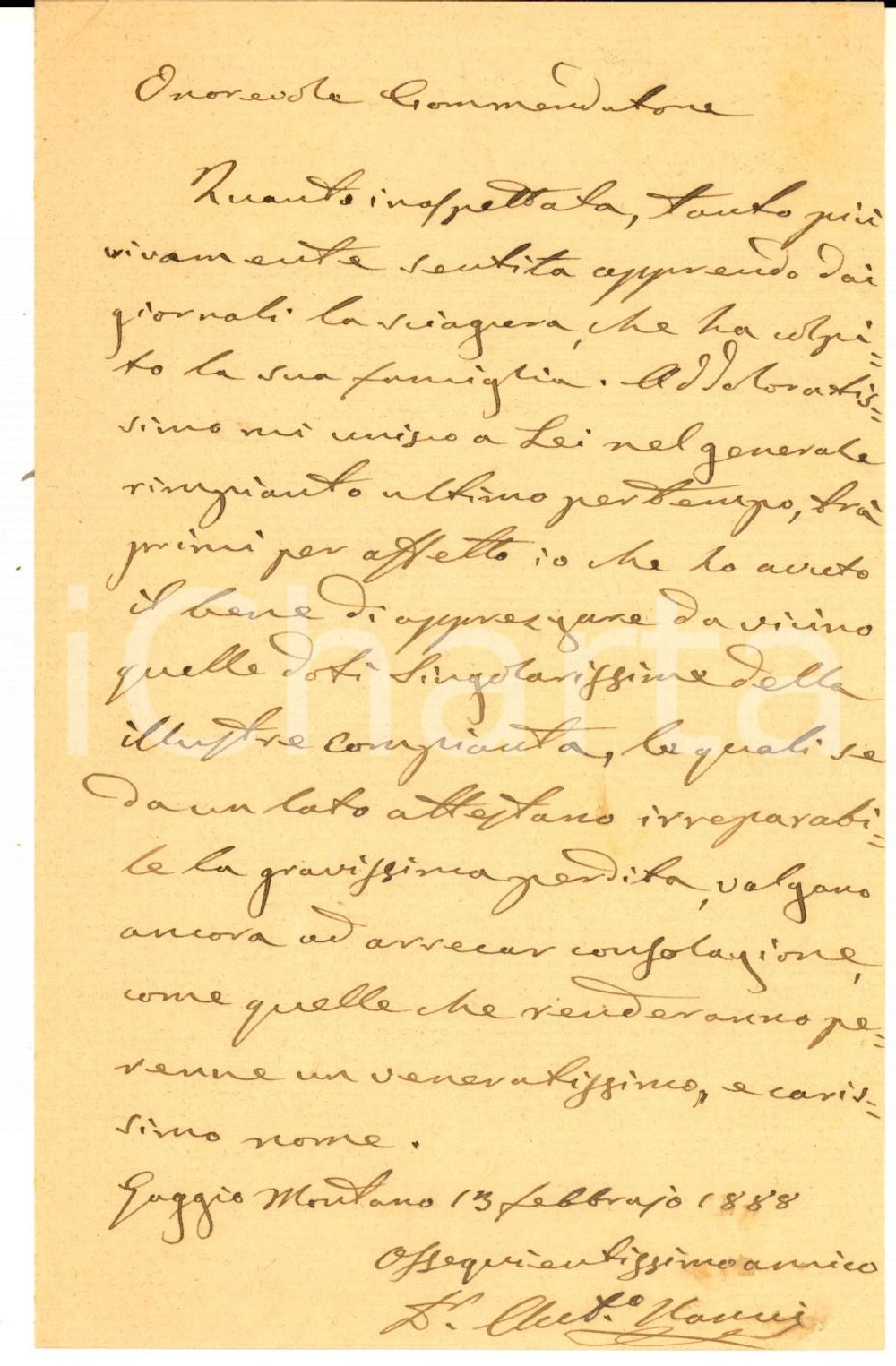 1888 GAGGIO MONTANO Lettera dott. Antonio NANNI per condoglianze a un deputato