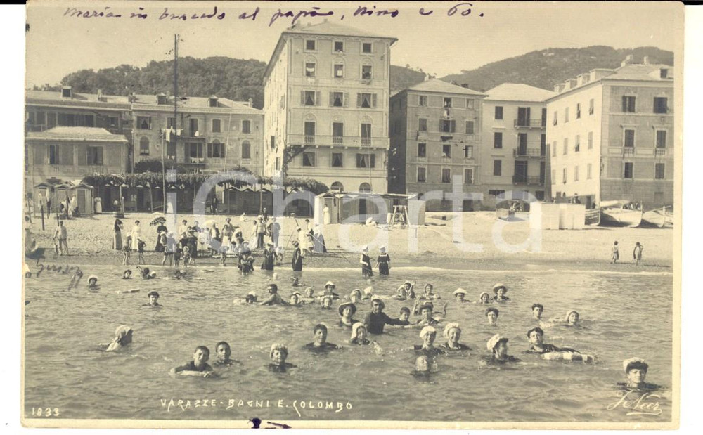 Fotografia d epoca originale 1905 VARAZZE Bagni E. COLOMBO  Le famiglie in mare Foto cartolina VINTAGE RARA 1