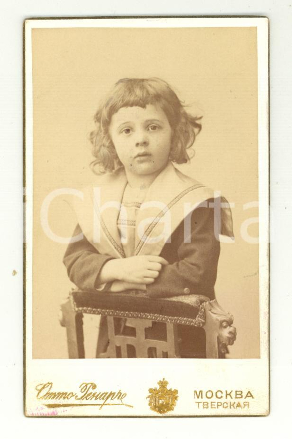 Fotografia d epoca originale 1880 ca MOSCOW Ritratto di bambino in abito marinaretto Foto Otto RENAR CDV 1