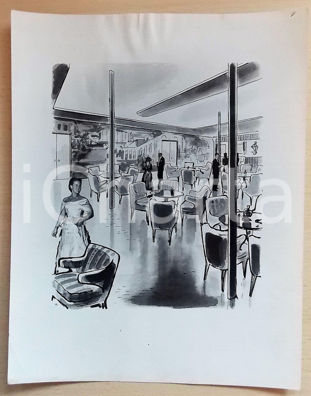 Fotografia d epoca originale 1950 ca ITALIA NAVIGAZIONE Sala soggiorno di prima classe  Foto bozzetto 24x30 1