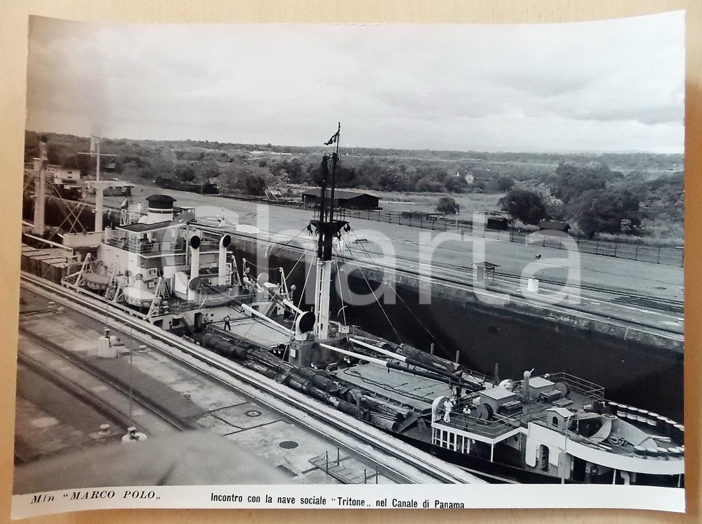 Fotografia d epoca originale 1950 ca CANALE PANAMA  M/N MARCO POLO Incontro con la nave TRITONE  Foto 40x30 1
