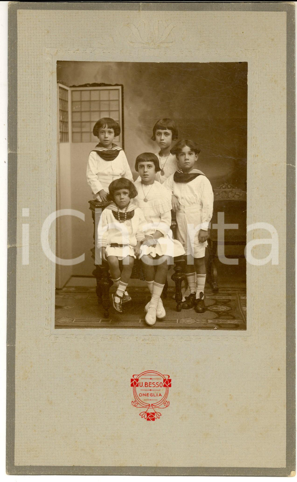 Fotografia d epoca originale 1920 ca ONEGLIA Ritratto di cinque fratelli vestiti alla marinara  Foto BESSO 1