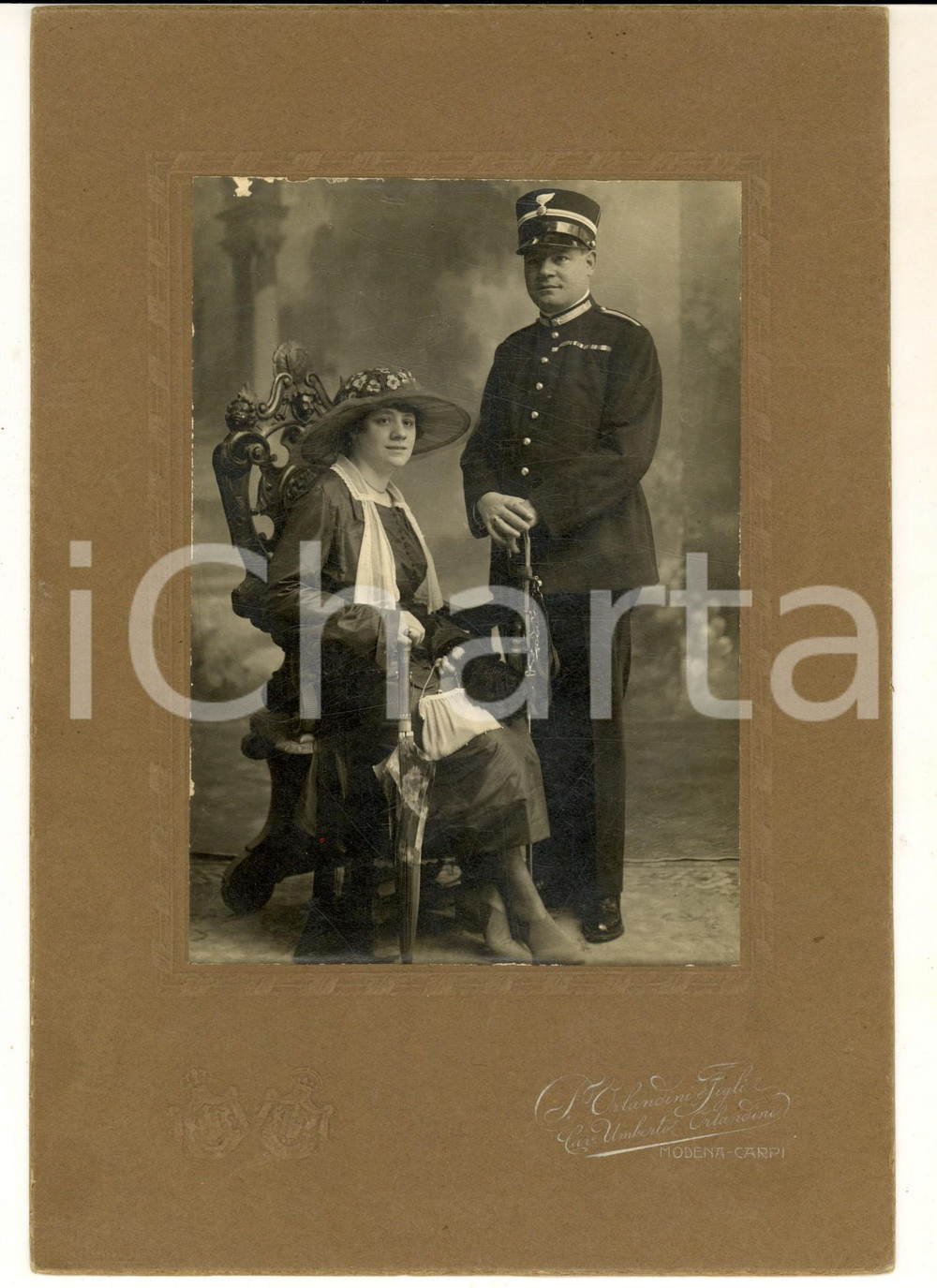 Fotografia d epoca originale 1920 ca MODENA / CARPI Ritratto di un ufficiale con la moglie  Foto ORLANDINI 1