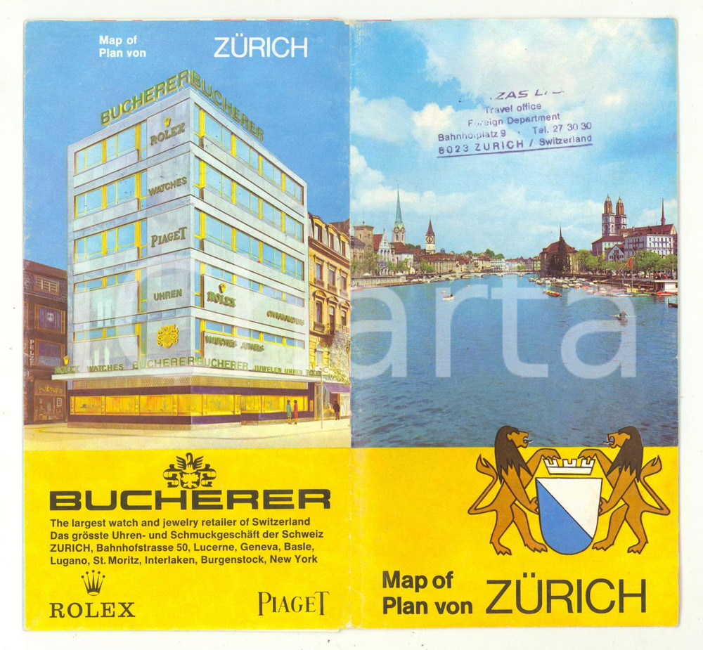Materiale pubblicitario d’epoca 1970 ca ZURICH Mappa della cittÃ   Pieghevole PubblicitÃ  BUCHERER PIAGET 1