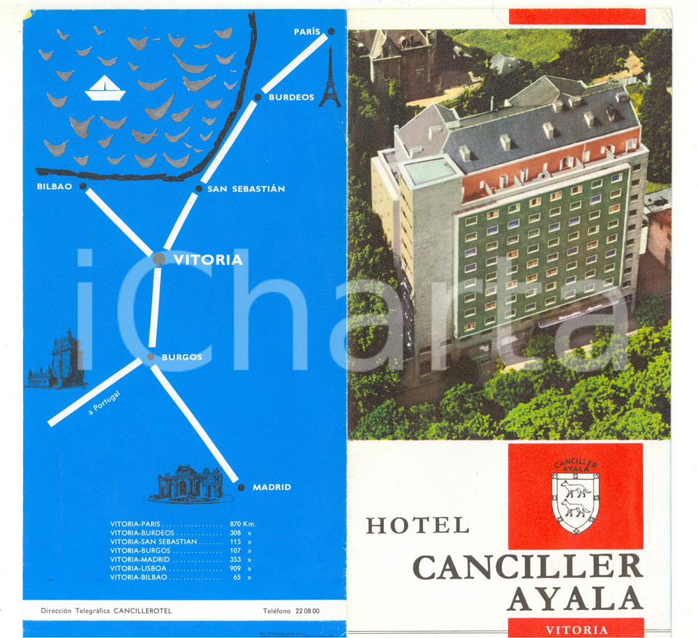 Materiale pubblicitario d’epoca 1968 VITORIA ESPANA Hotel CANCILLER AYALA Pieghevole ILLUSTRATO VINTAGE 1