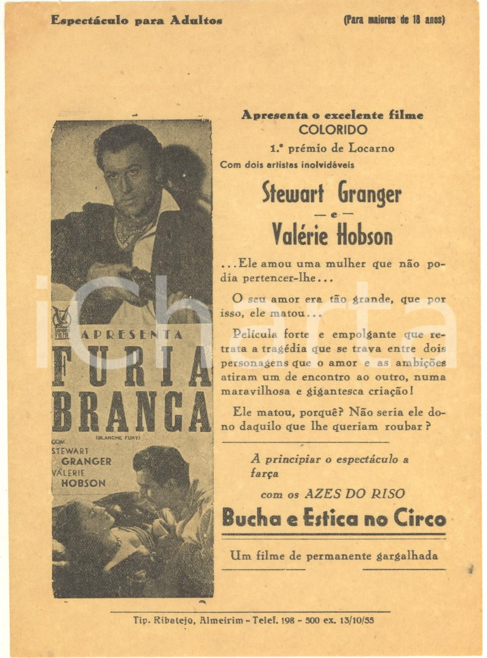 Materiale pubblicitario d’epoca 1955 CINEMA PORTUGAL Furia branca Blanche fury Stewart GRANGER  Volantino 1