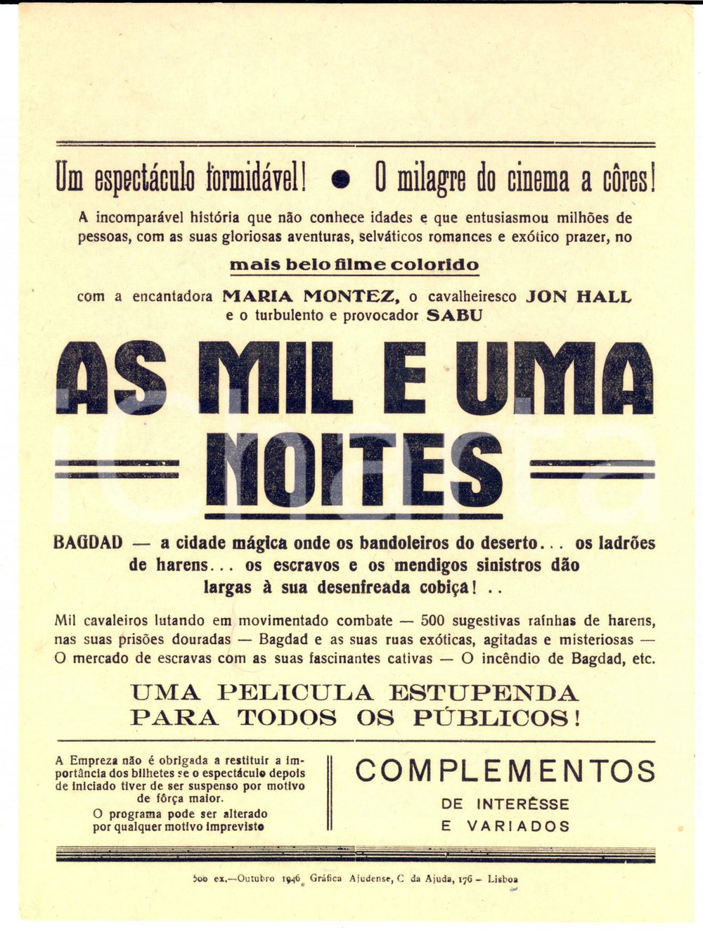 Materiale pubblicitario d’epoca 1946 CINEMA PORTUGAL Film As mil e uma noites  Maria MONTEZ  Volantino 1