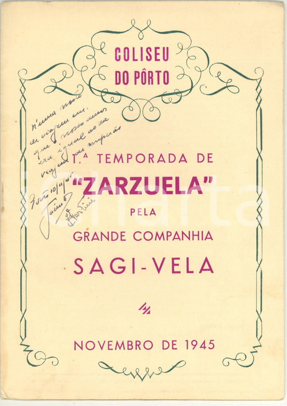 Materiale pubblicitario d’epoca 1945 PORTO COLISEU Temporada de Zarzuela Companhia SAGIVELA Programa 1