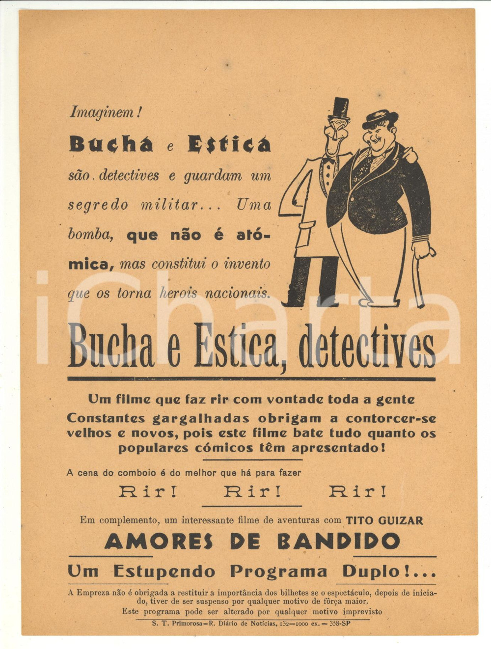 Materiale pubblicitario d’epoca 1944 CINEMA PORTUGAL Film Bucha e Estica detectives The Big Noise Volantino 1
