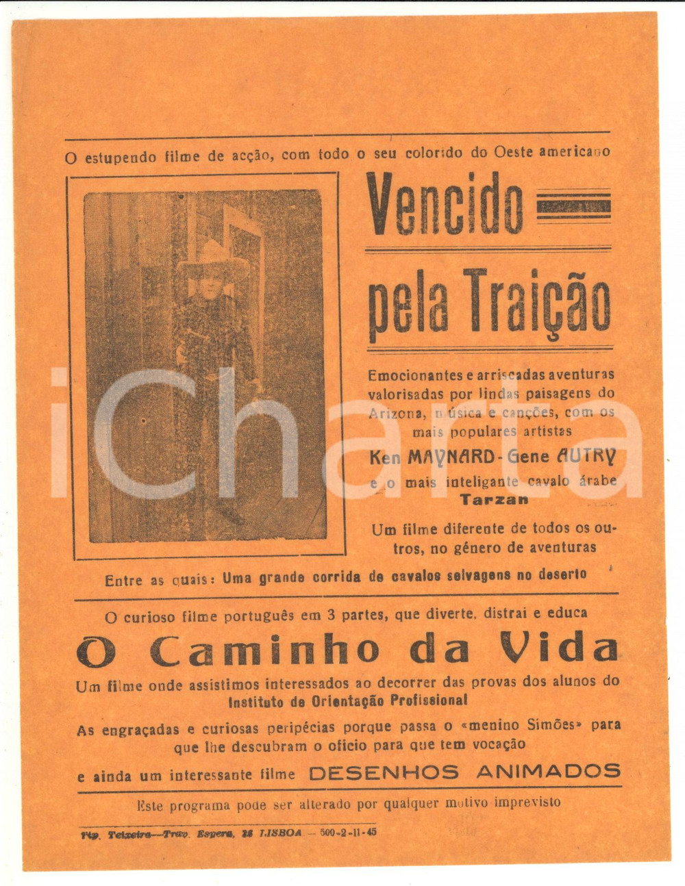 Materiale pubblicitario d’epoca 1945 CINEMA PORTUGAL Film Vencido pela traiÃ§Ã£o  Ken MAYNARD  Volantino 1